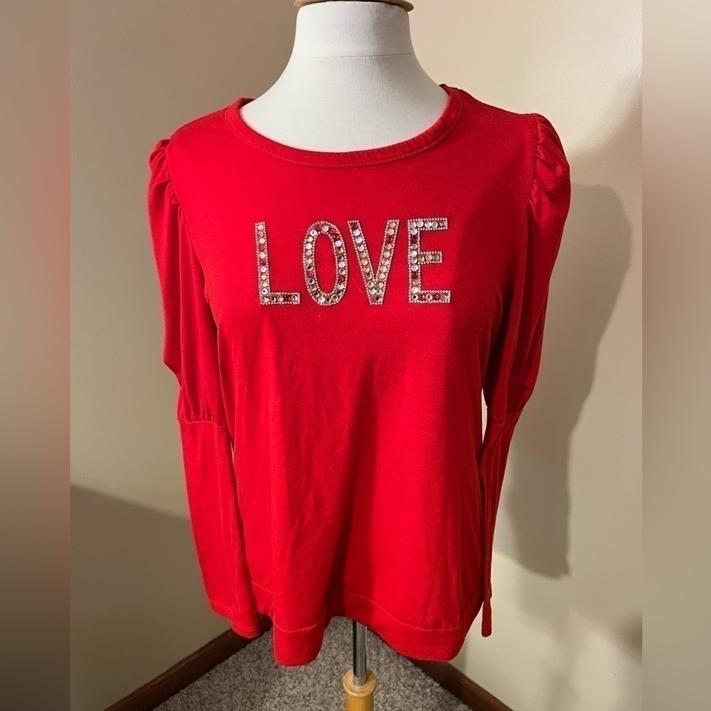 Madison Bright Red Long Sleeve Puff LOVE Top Sz L